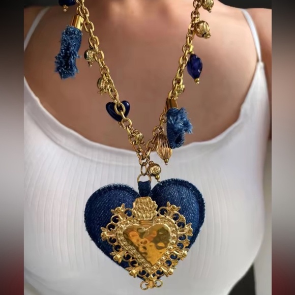 Blue Denim Heart Pendant Necklace – Statement Fashion Jewelry - Picture 8 of 9